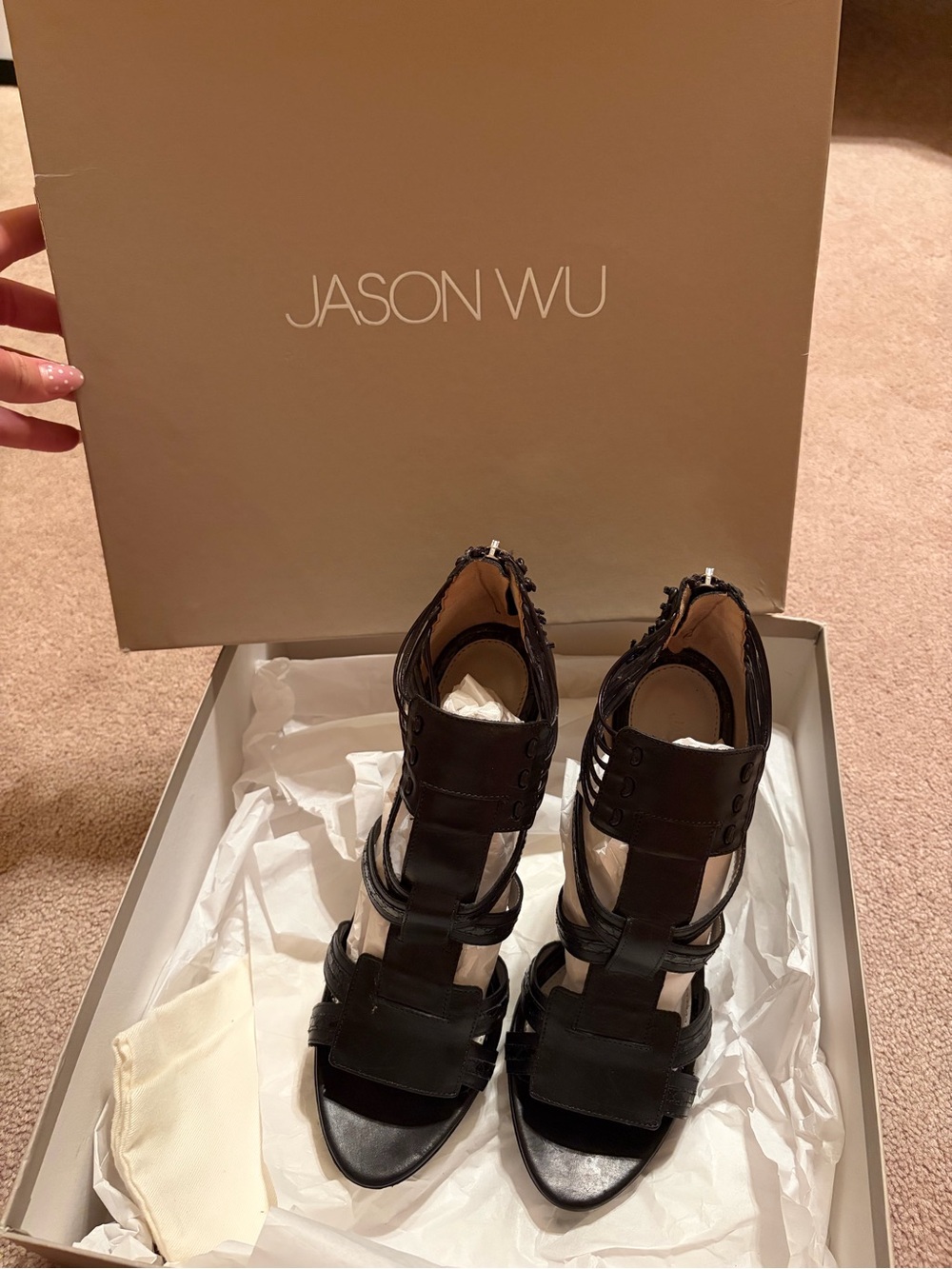 Jason Wu Black Leather Multi-Strap Heeled Sandals